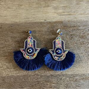 Handmade Hamsa Evil Eye Fringe Earrings – Miami Boutique Find✨